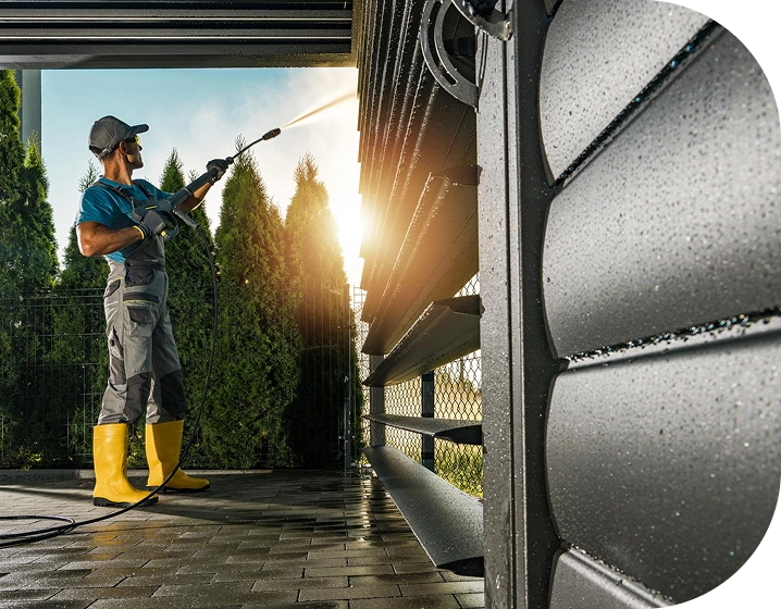 A worker in protective gear, including yellow boots and safety glasses, uses a pressure washer to clean the exterior siding of a building, with water spraying against the panels and evergreen trees in the background.