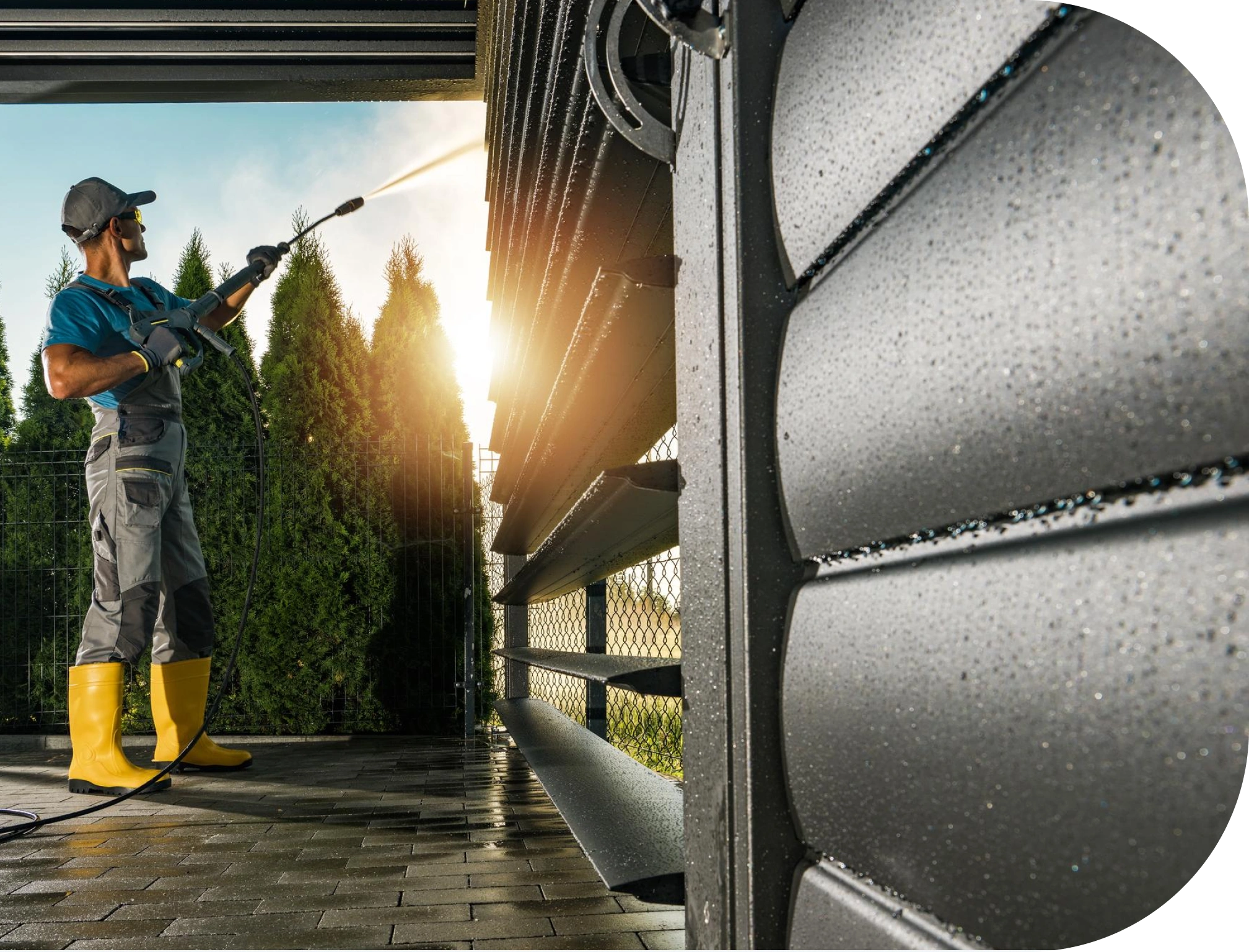 A worker in protective gear, including yellow boots and safety glasses, uses a pressure washer to clean the exterior siding of a building, with water spraying against the panels and evergreen trees in the background.
